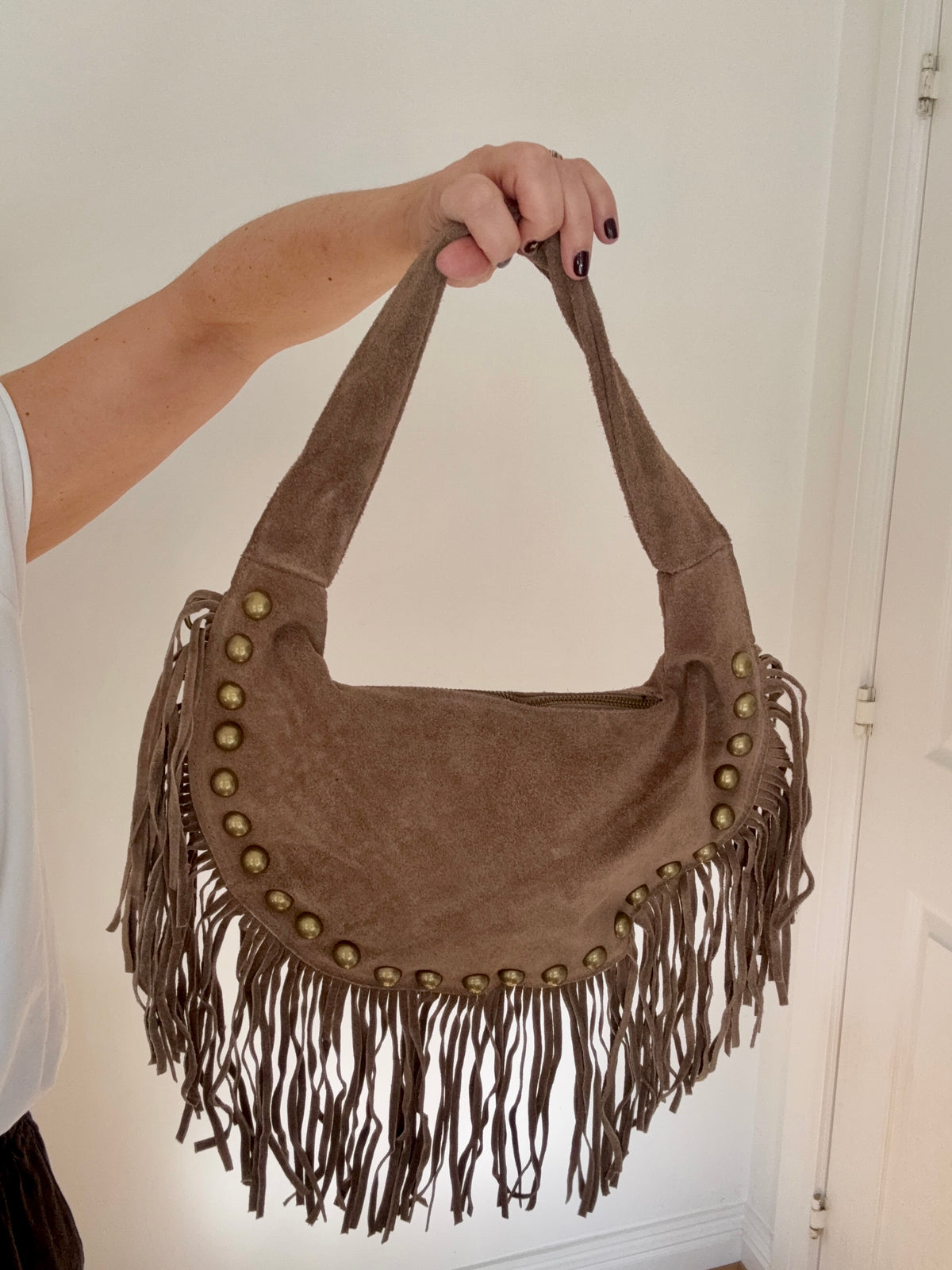 Dark Taupe Studded Suede Crescent Shoulder/ Crossbody Bag with Fringing