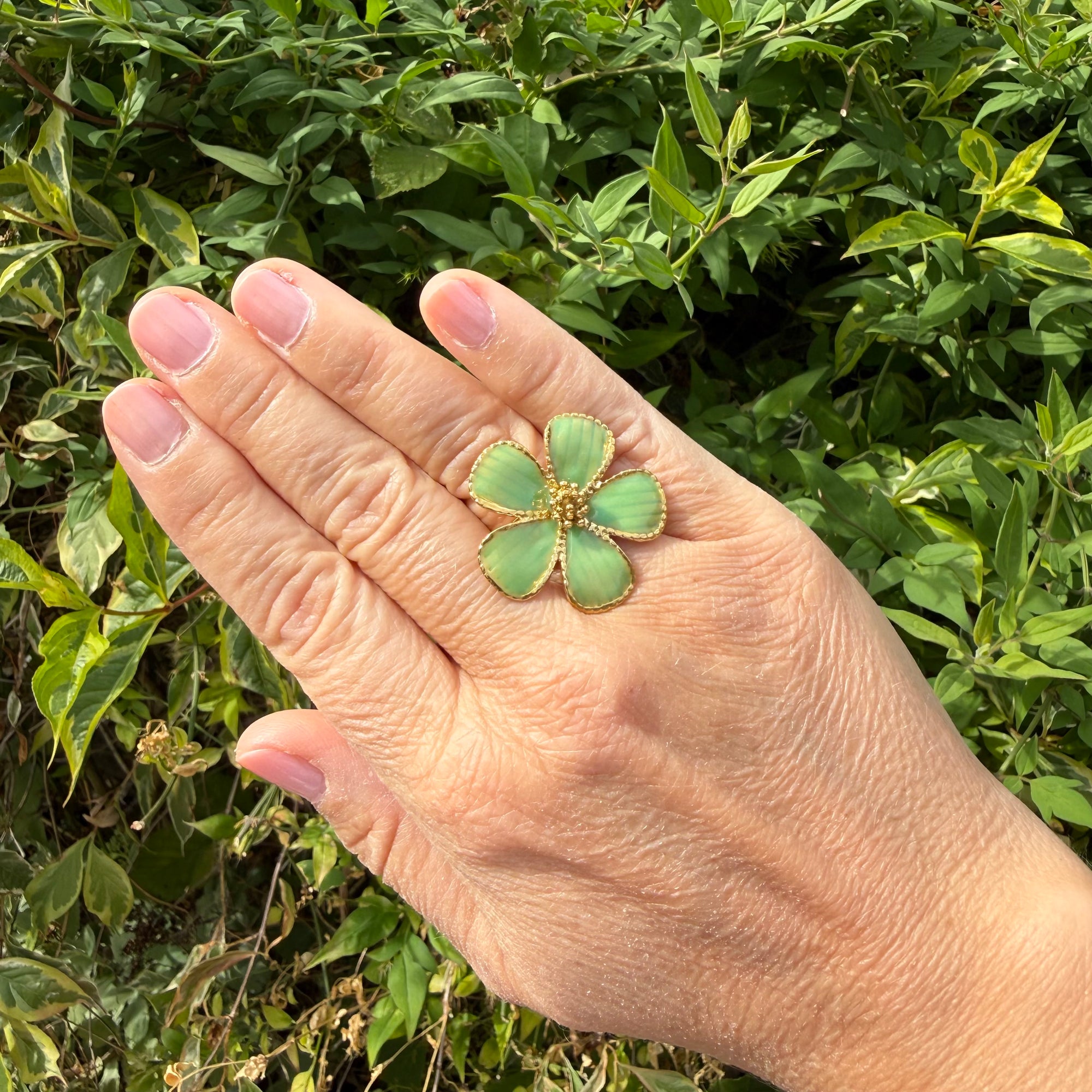 Green &amp; Gold Flower Adjustable Ring