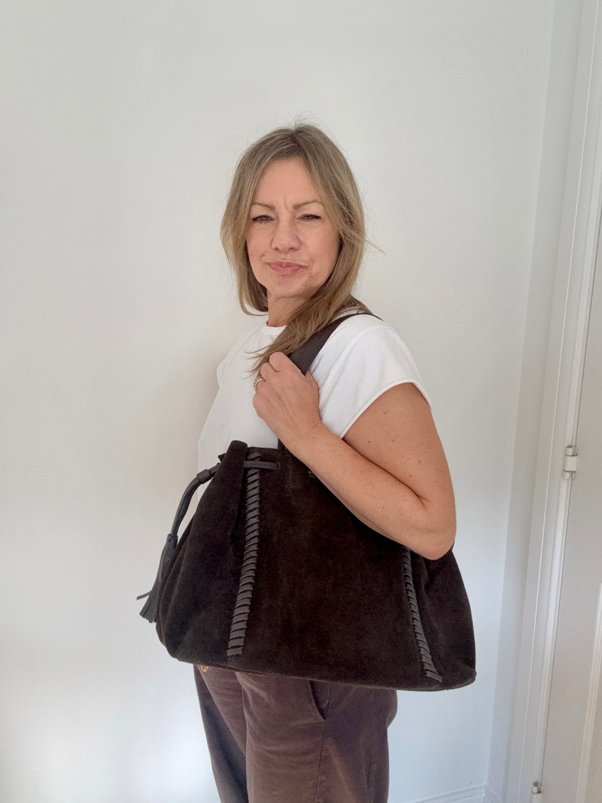 Dark Brown Structured Suede Shoulder/ Crossbody Bag