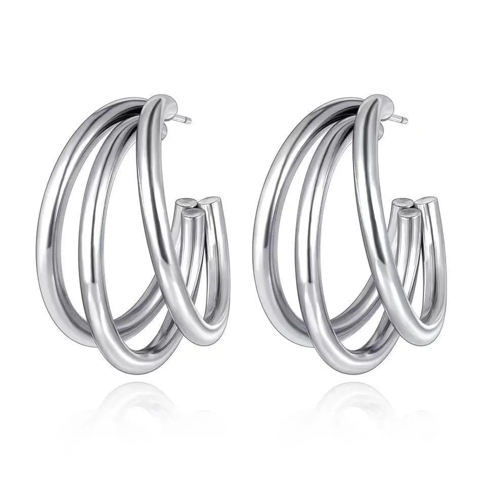 Silver C Shape Hoop Stud Earrings