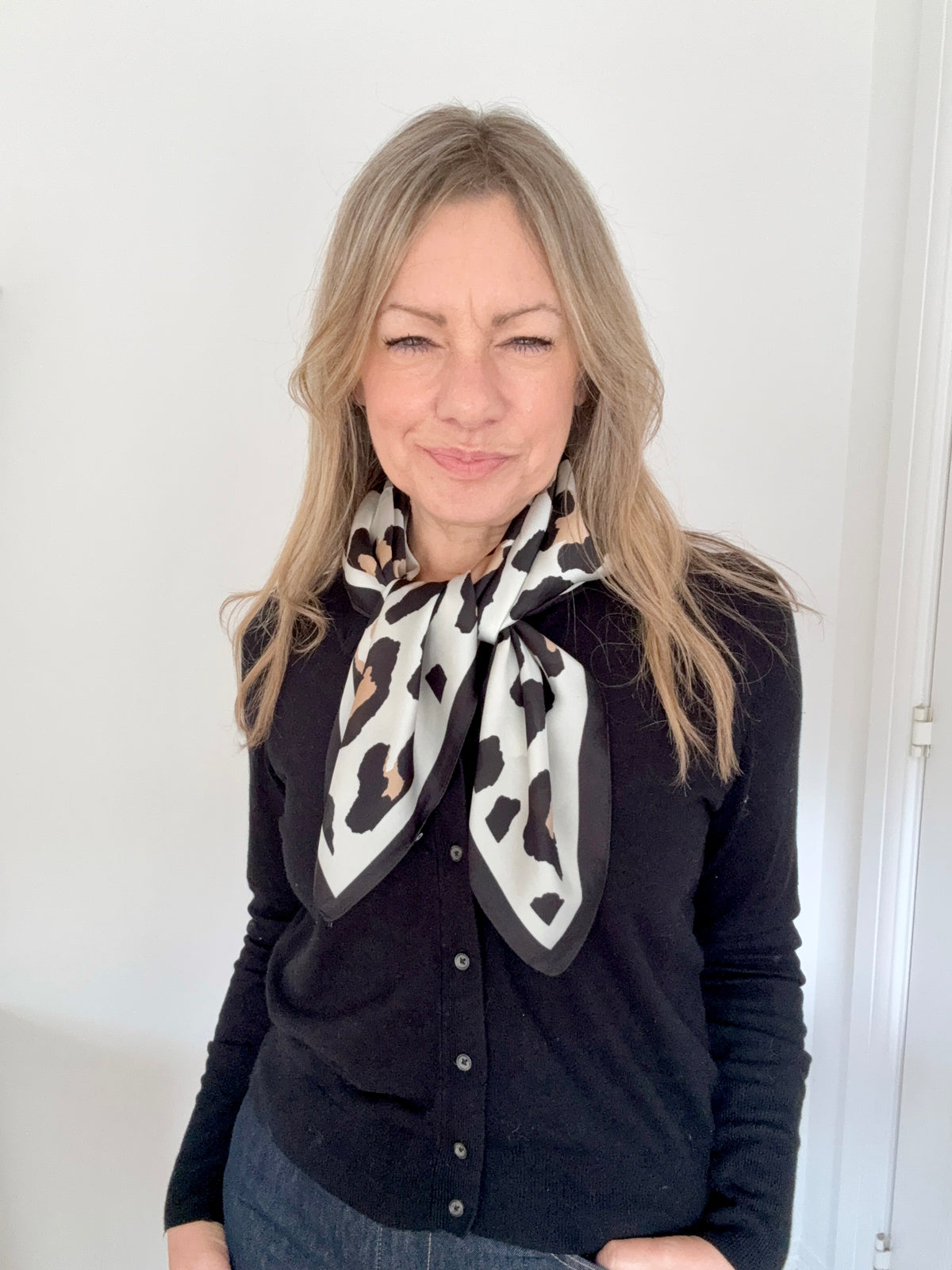 Black &amp; Cream Animal Print Square Satin Scarf/ Necktie