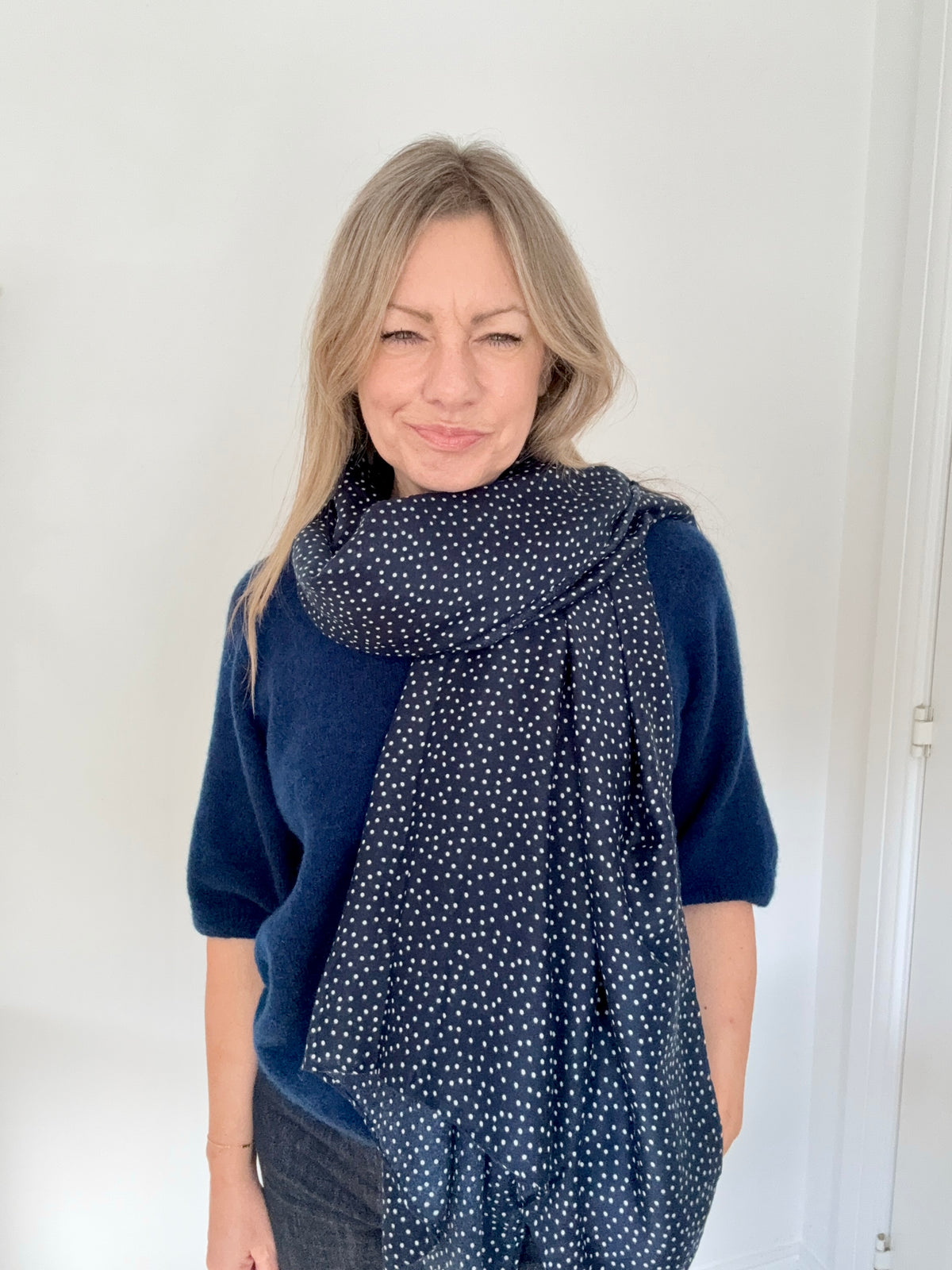Navy &amp; White Spot Lightweight Scarf
