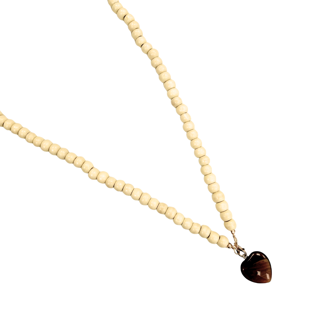 Cream Long Wooden Beaded Necklace with Brown Resin Heart