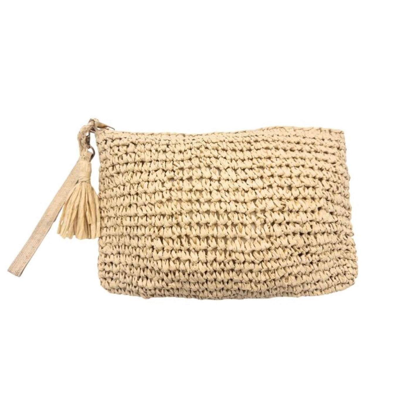 Cream woven raffia clutch bag with a tassel on a white background
