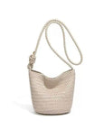 Woven handbag with a rope handle on a white background