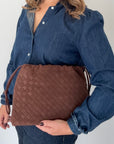 Brown Faux Suede Leather Weave Crossbody/ Clutch Bag