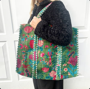 Green Velvet Tapestry Print Large Tote Bag