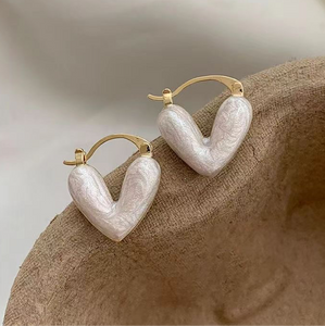 Ivory & Gold Heart Hoop Earrings