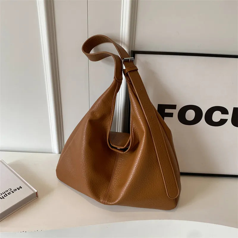 Tan PU Leather Tote Bag with Buckle Strap
