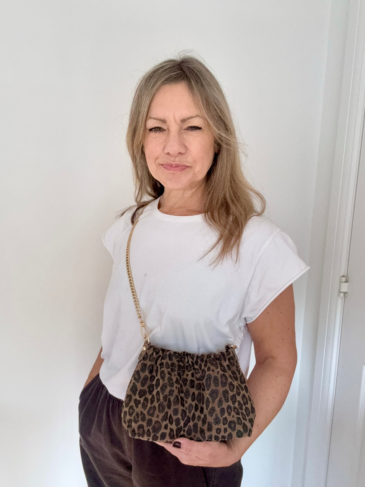 Leopard Suede Clutch/ Crossbody Bag with Chain Strap