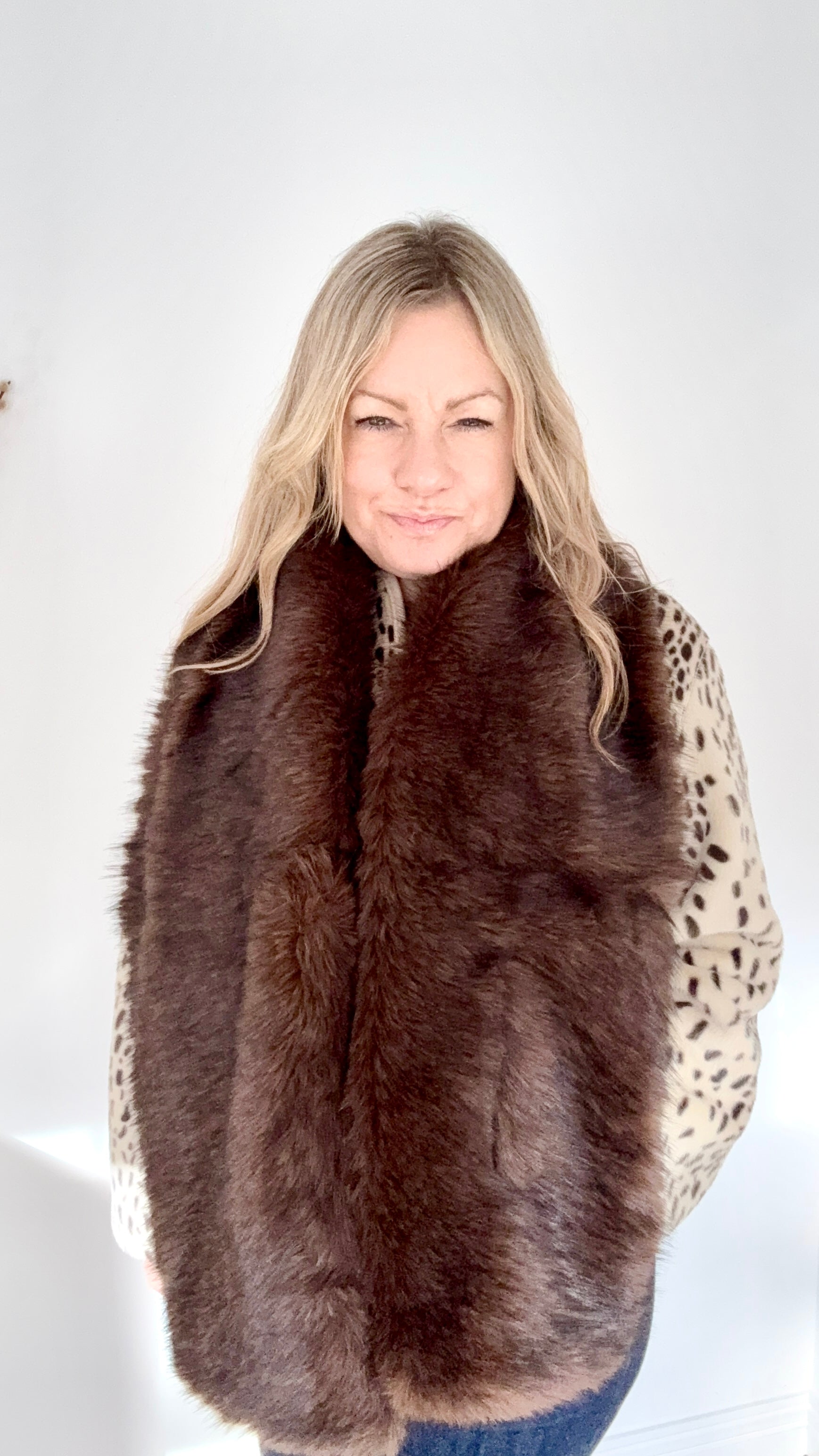 Dark Brown Faux Fur Wide Long Scarf/ Wrap