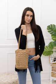Beige Knitted Tote Bag with Cotton Drawstring Lining