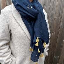 Load image into Gallery viewer, Navy &amp; Gold Star Tassel Scarf
