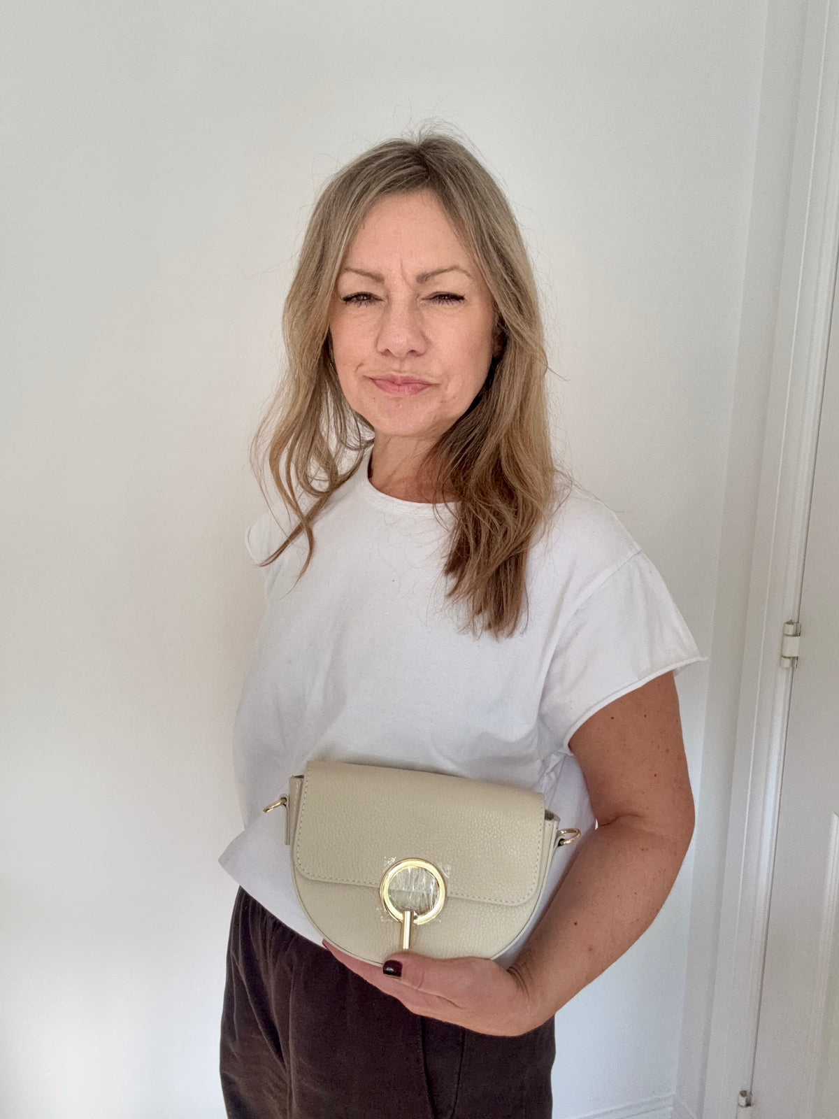 Cream Leather Clutch/ Crossbody Bag