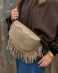 Suede Large Taupe Fringed Crossbody/ Waist Bag