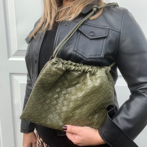 Khaki Faux Weavy Clutch/ Crossbody Bag