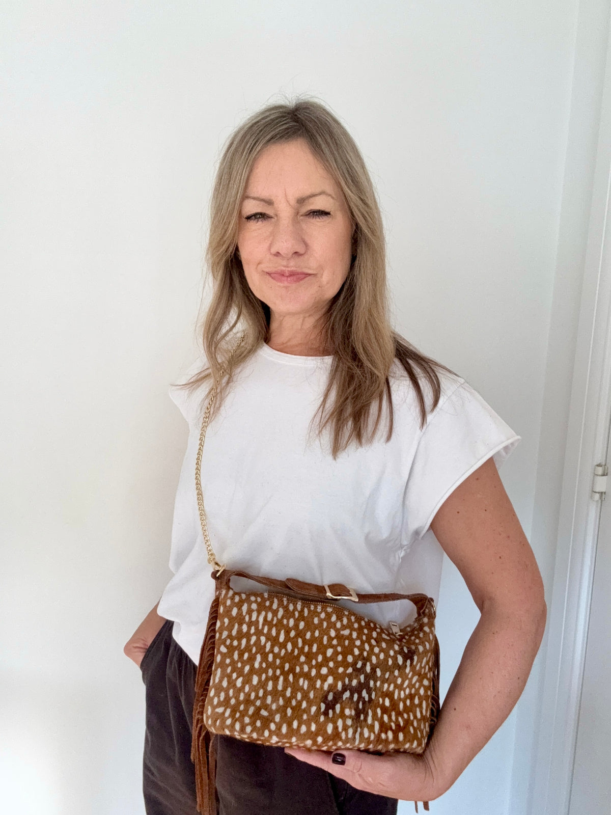 Dark Tan Bambi Print Pony Skin Clutch/ Crossbody Bag with Fringing