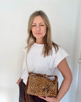 Dark Tan Bambi Print Pony Skin Clutch/ Crossbody Bag with Fringing