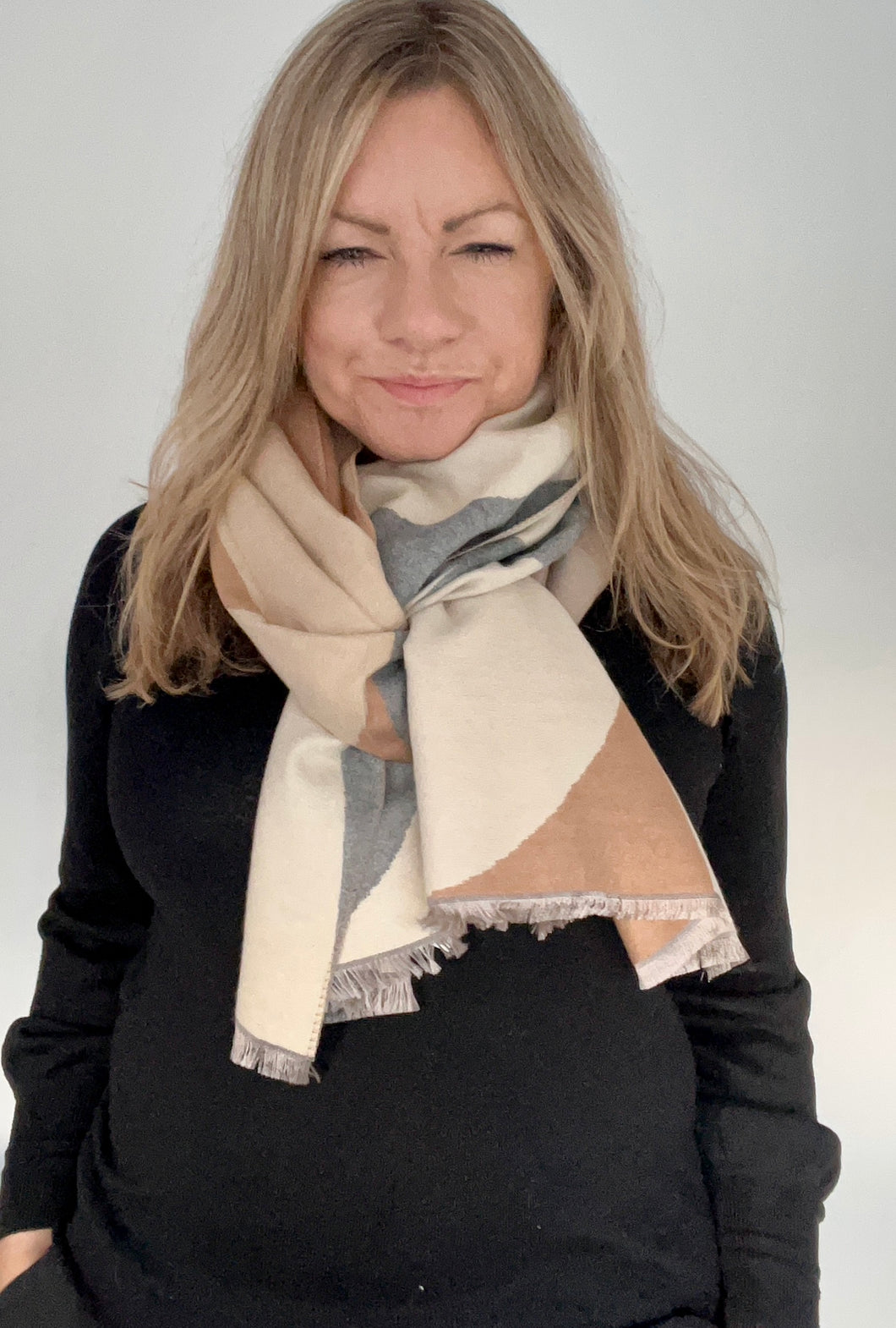 Grey & Camel Retro Print Blanket Scarf