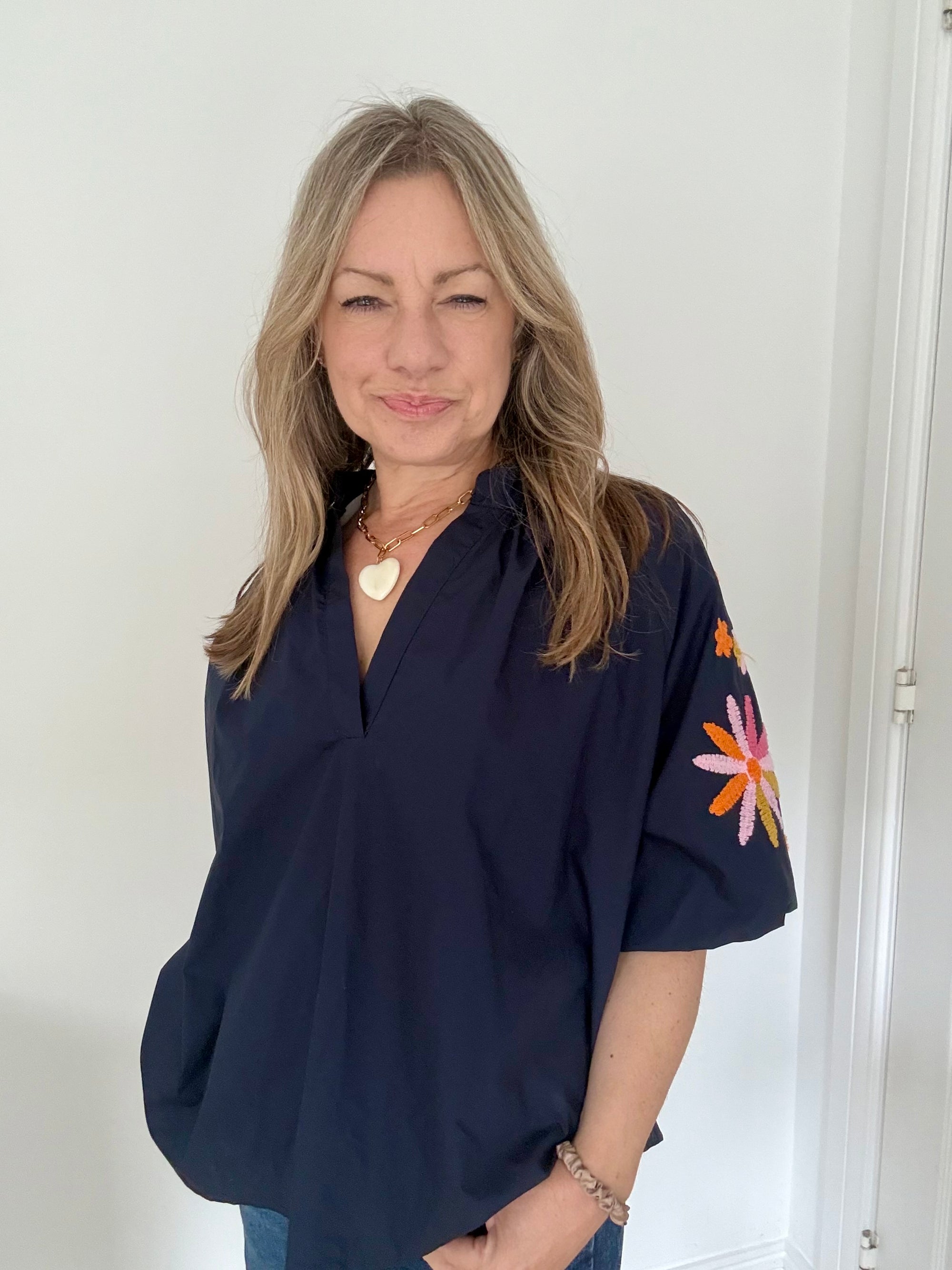 Navy Embroidered Sleeve Cotton Blouse