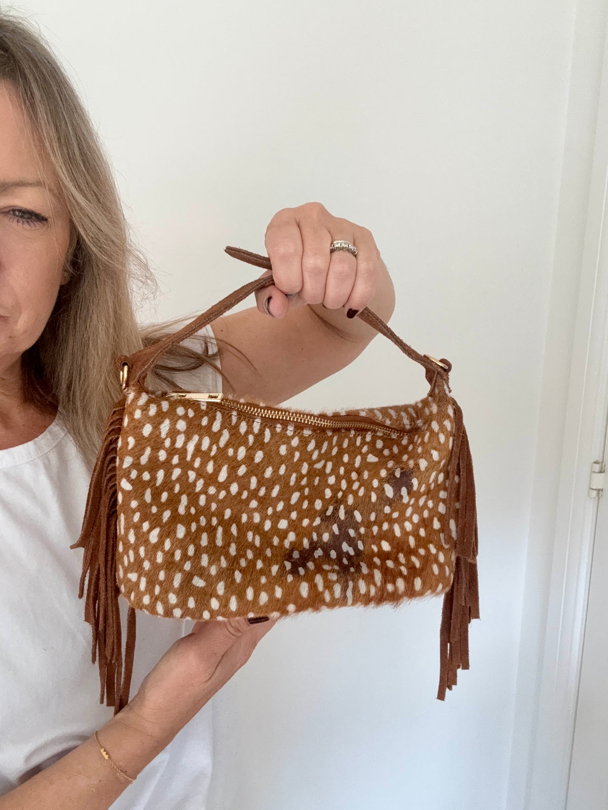 Dark Tan Bambi Print Pony Skin Clutch/ Crossbody Bag with Fringing