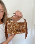 Dark Tan Bambi Print Pony Skin Clutch/ Crossbody Bag with Fringing