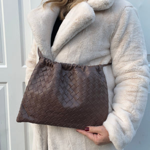 Dark Taupe Faux Weavy Clutch/ Crossbody Bag