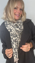 Load image into Gallery viewer, Grey &amp; Cream Animal Print Blanket Scarf
