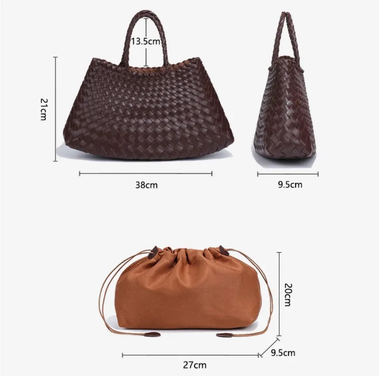 Woven brown handbag and drawstring bag with measurements and dimentions 