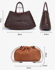 Woven brown handbag and drawstring bag with measurements and dimentions 