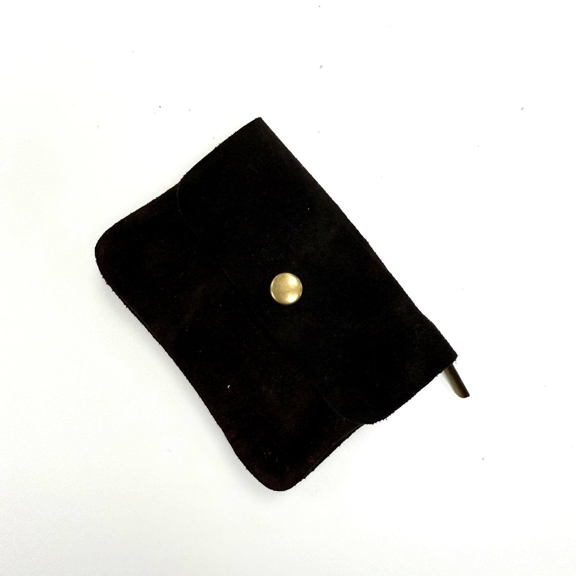  dark brown wallet with a gold button.