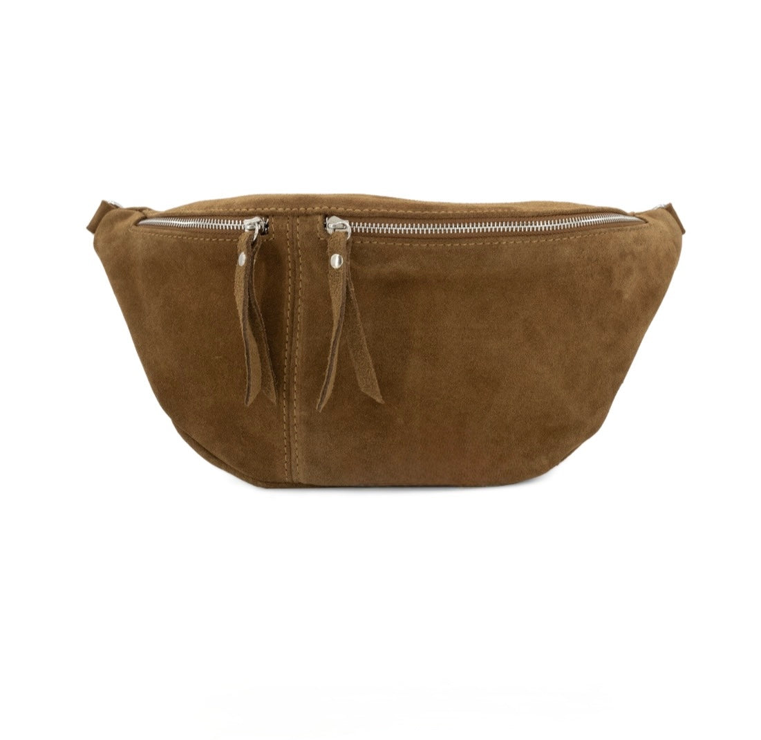 dark tan suede waist bag with silver accented zippers on a white background