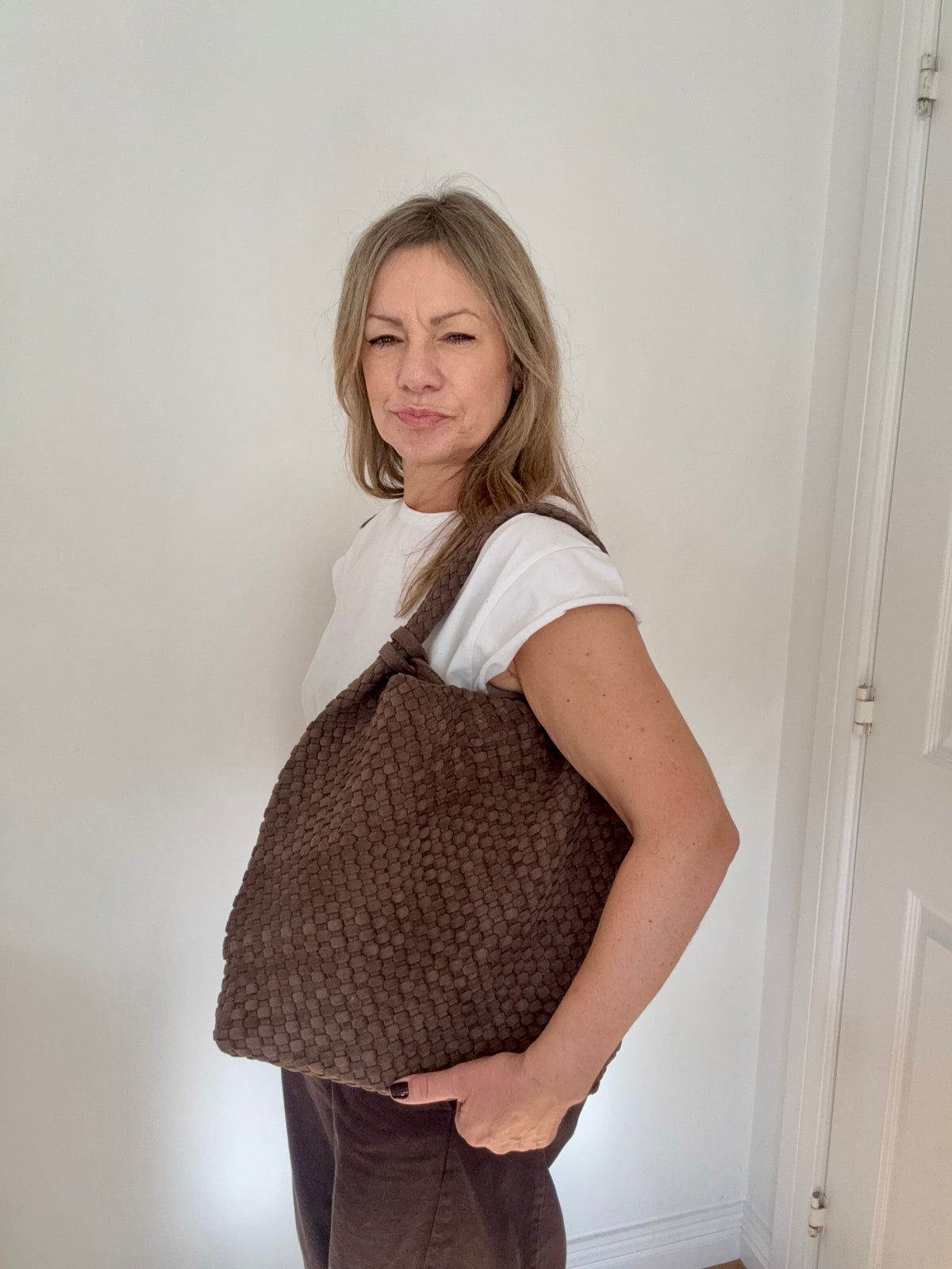Brown Faux Suede Weave Tote Bag