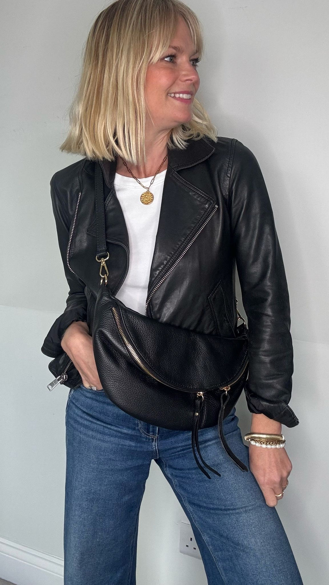 Black Large Crossbody Bum Bag - Gold Hardware