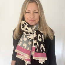 Load image into Gallery viewer, Grey &amp; Black Animal Print Scarf With Pink Border
