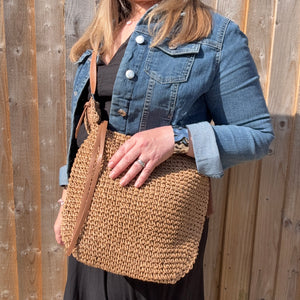 Beige & Tan Raffia Crossbody Bag with Tassel Detail