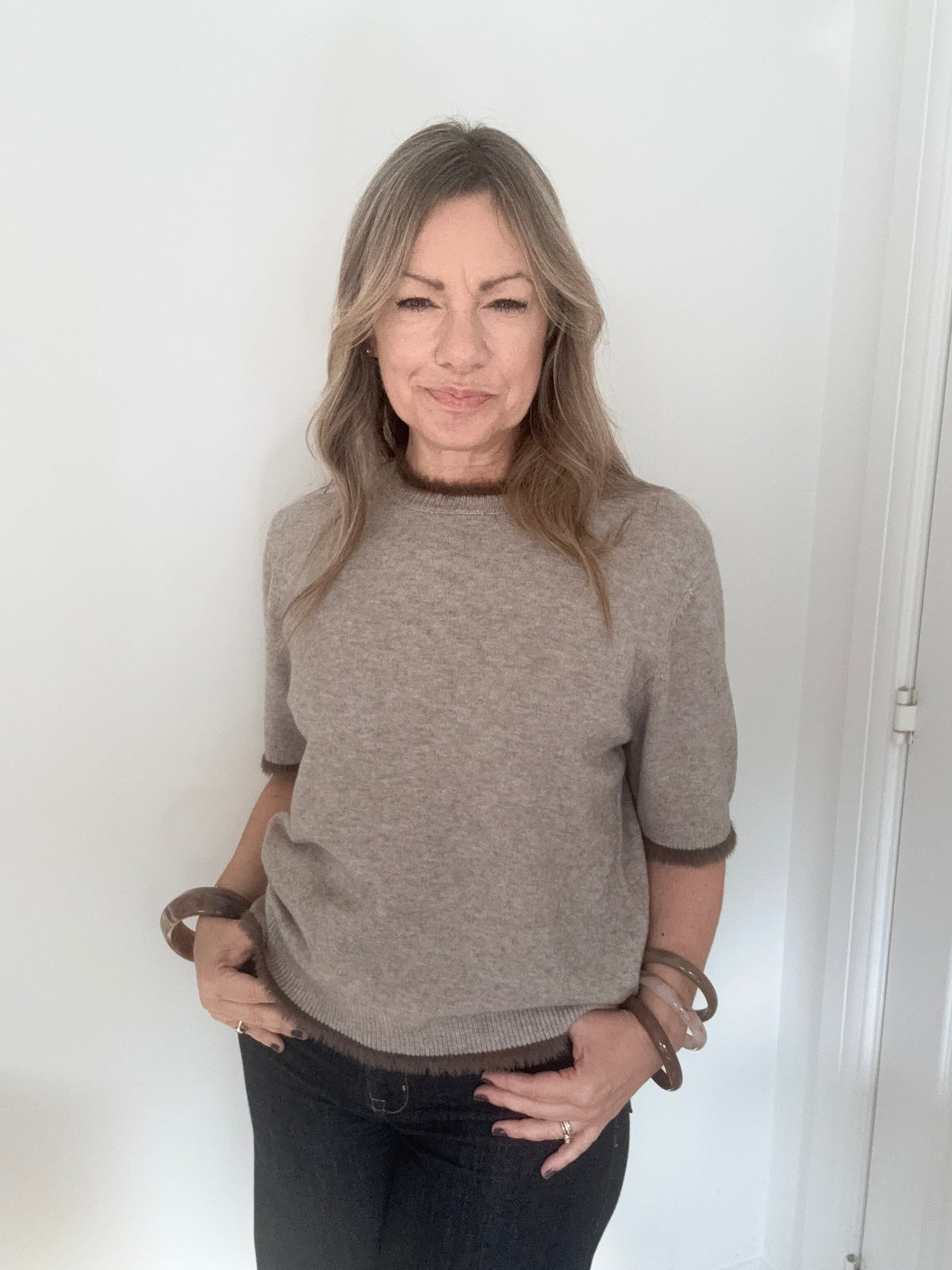 Taupe Faux Fur Trim Jumper