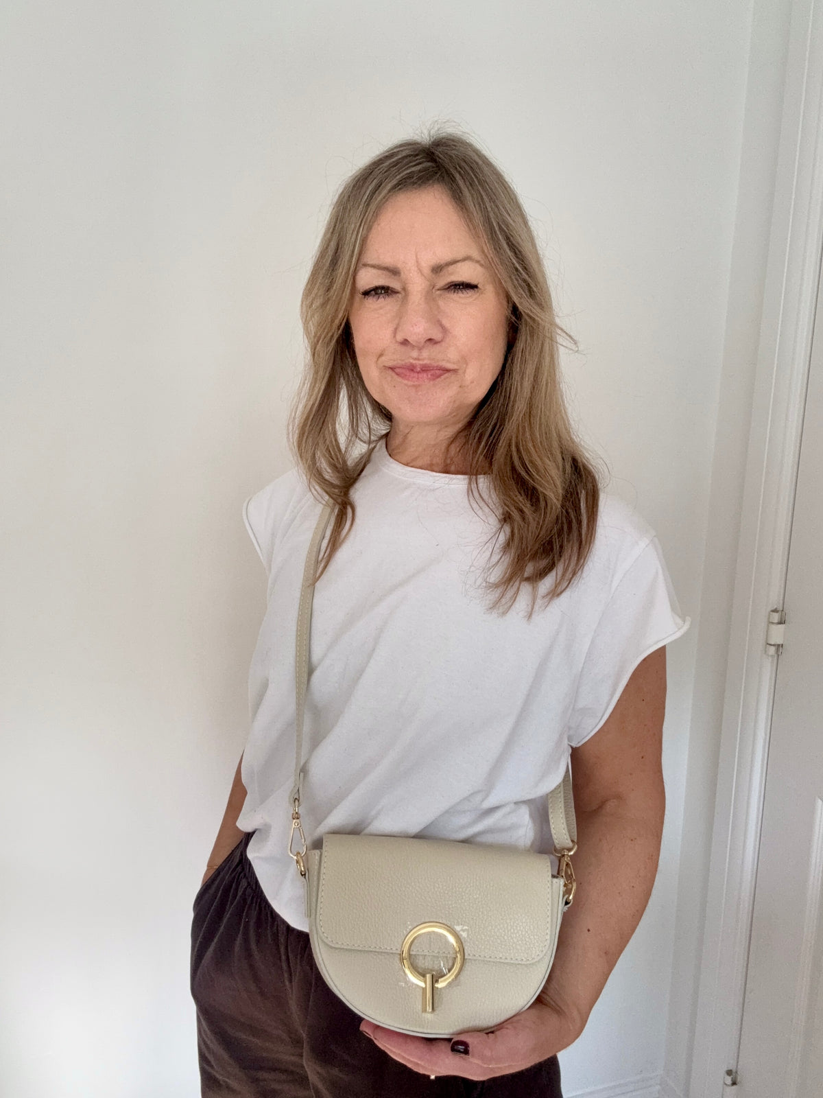 Cream Leather Clutch/ Crossbody Bag
