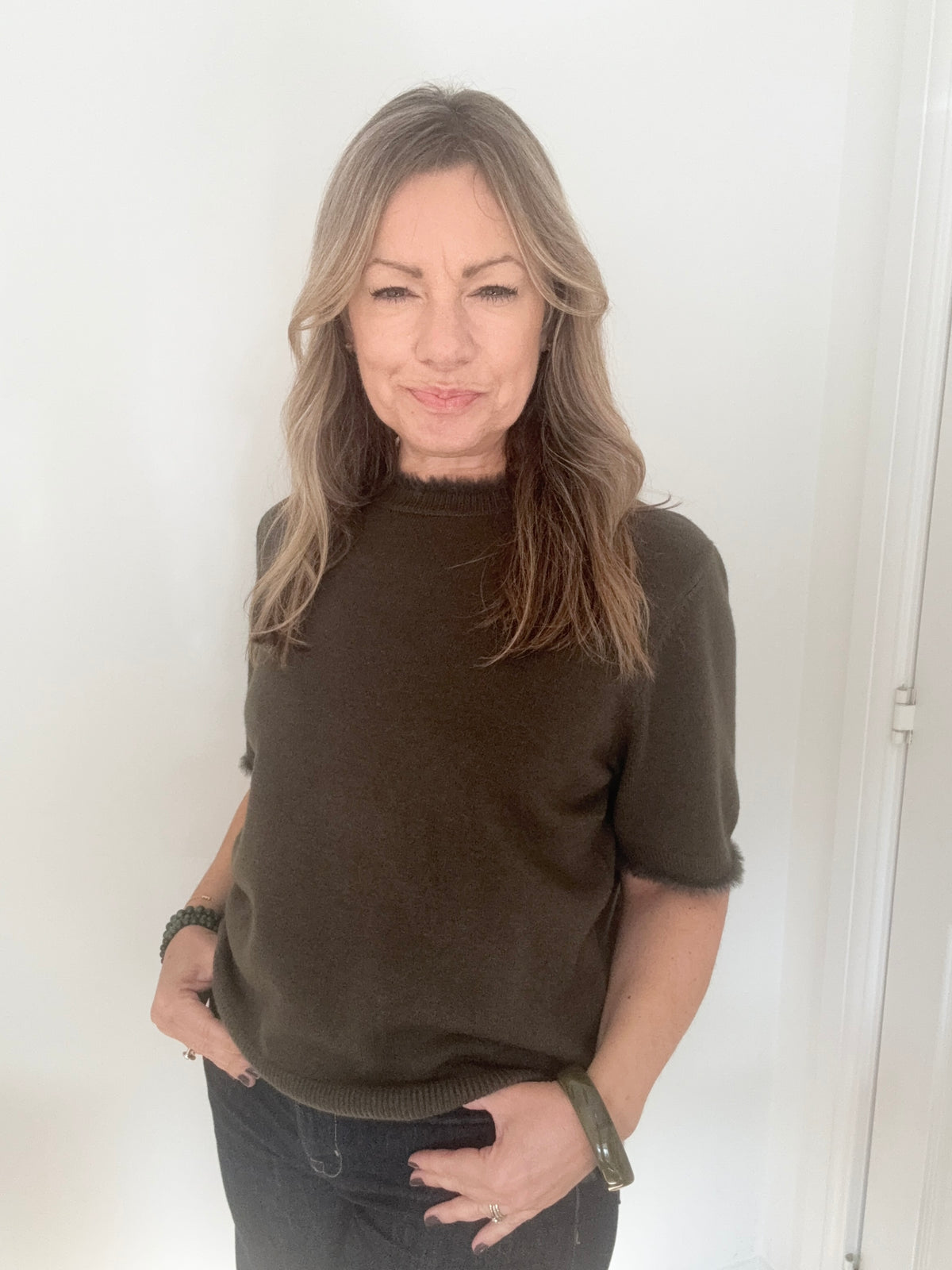 Khaki Faux Fur Trim Jumper