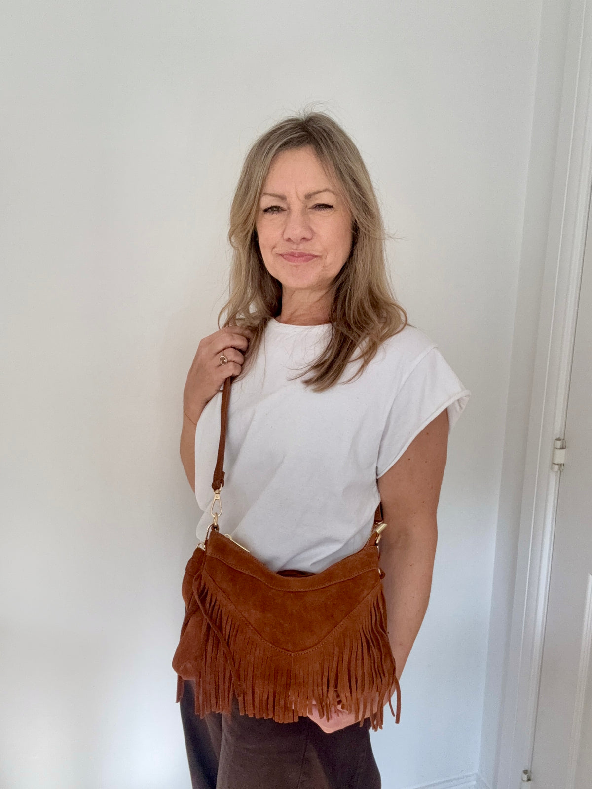 Dark Tan Suede Shoulder/ Crossbody Bag with Fringing