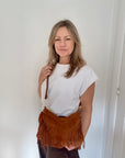 Dark Tan Suede Shoulder/ Crossbody Bag with Fringing