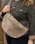 Taupe Suede Large Deep Crossbody Bum Bag