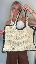 Load image into Gallery viewer, Cream &amp; Black Raffia Tote Bag
