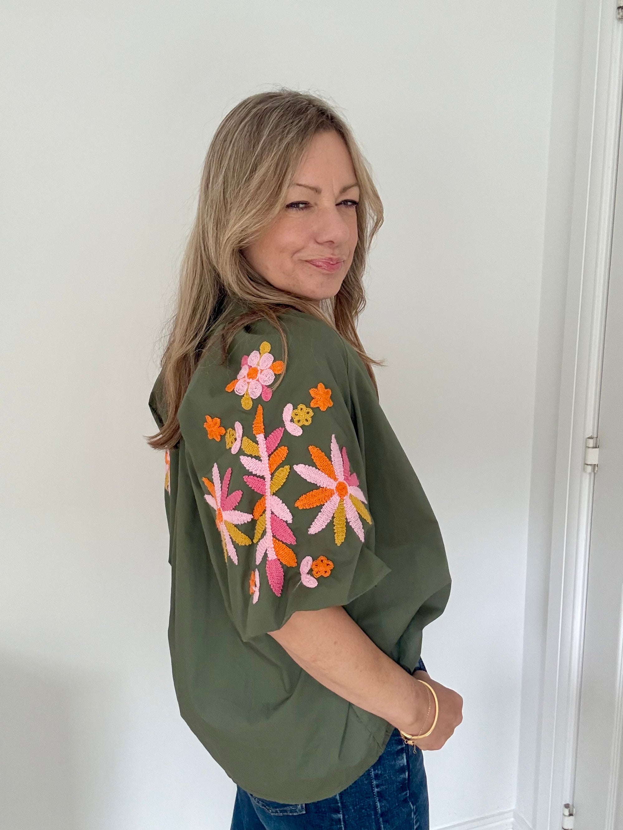 Khaki Embroidered Sleeve Cotton Blouse