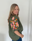 Khaki Embroidered Sleeve Cotton Blouse