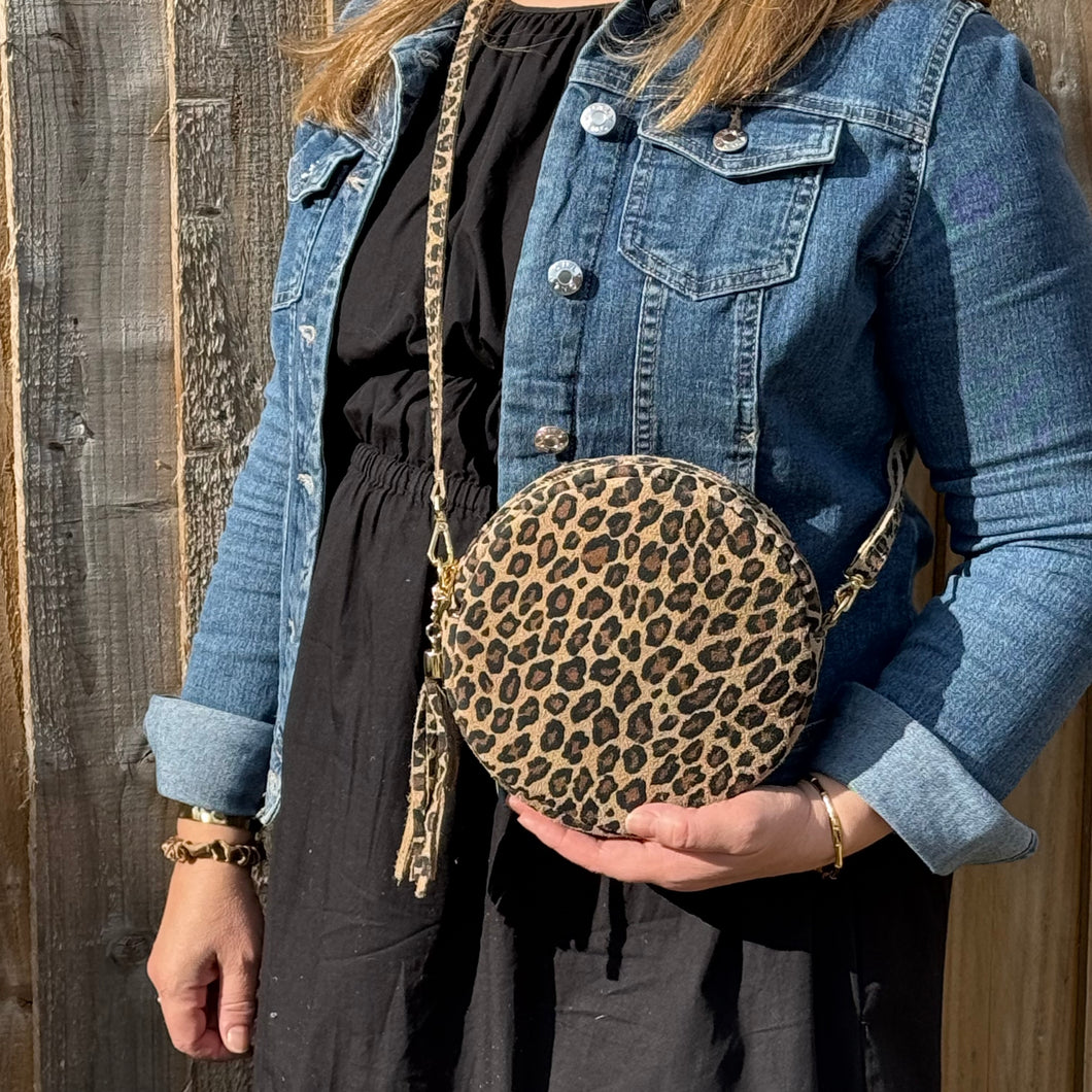 Suede Leopard Crossbody Round Bag