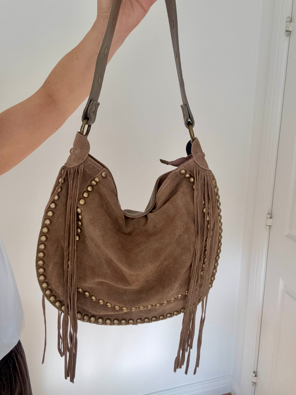 Dark Taupe Studded Suede Shoulder/ Crossbody Bag with Fringing