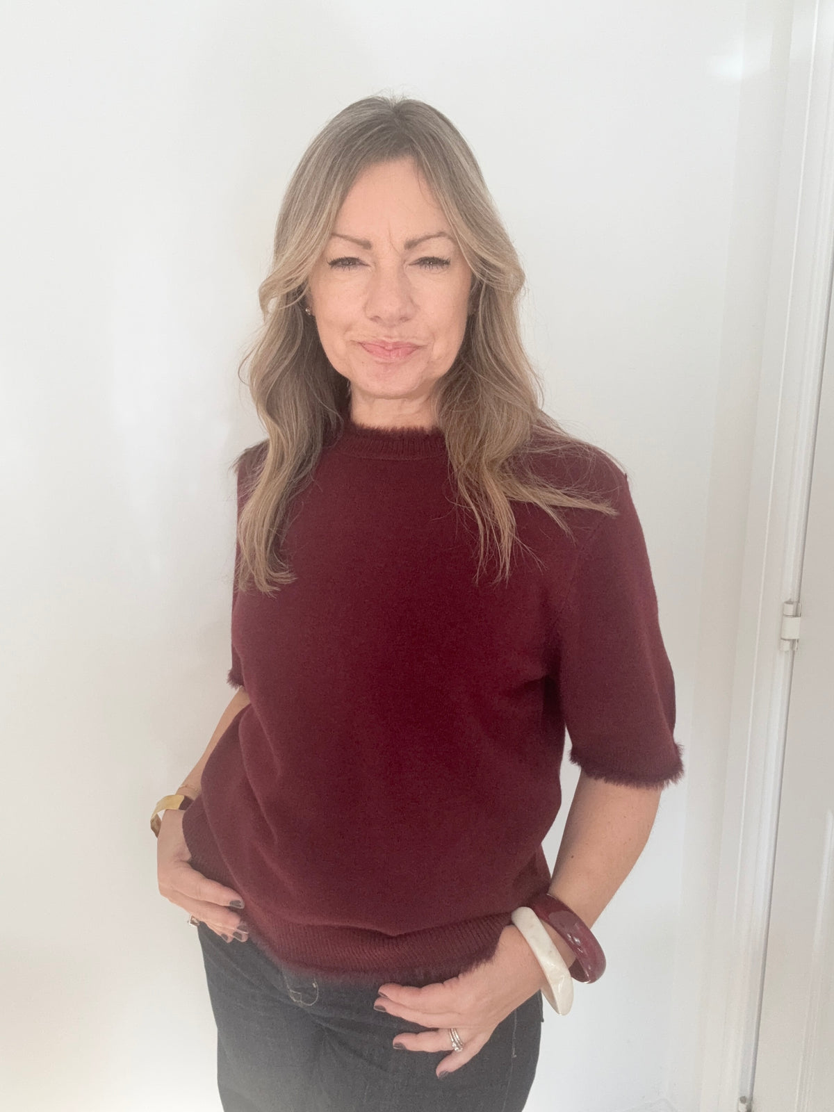 Burgundy Faux Fur Trim Jumper