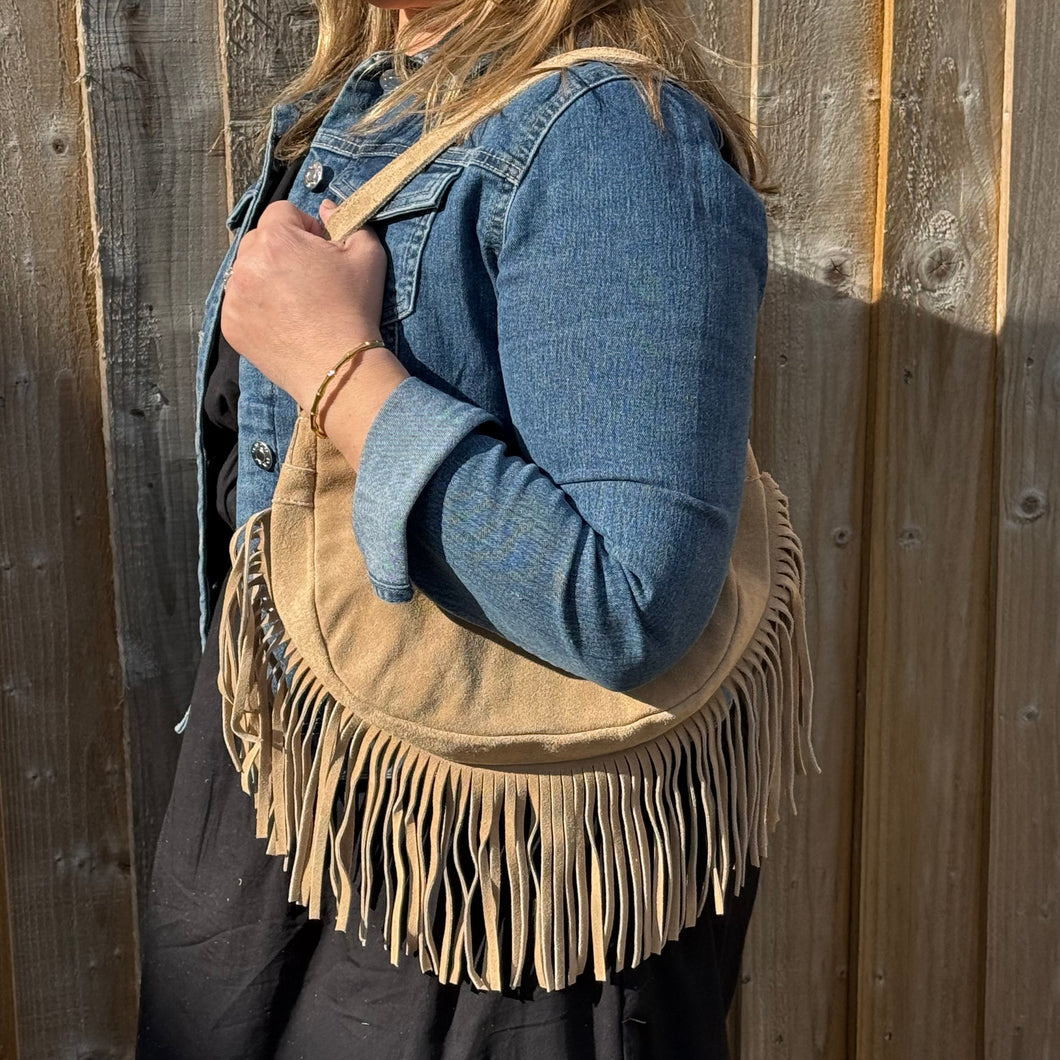 Stone Suede Fringed Crossbody Bag