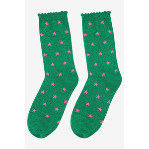 Green Sparkly Pink Star Print Socks